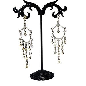 Vintage Shield Shape Hoop With Chained Rhinestone Fringe Chandelier Earrings